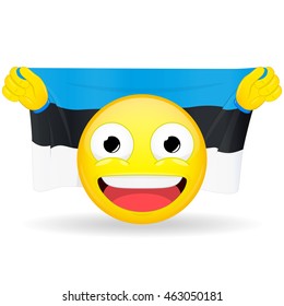 Emoji fan holds in hands flag behind his head. Estonian flag. Fan cares for his country. Glory spectator bawl emotion. Exult emoticon. Buff of sports games smile vector illustration.