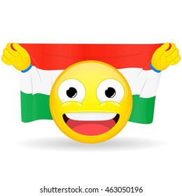 Emoji fan holds in hands flag behind his head. Hungarian flag. Fan cares for his country. Glory spectator bawl emotion. Exult emoticon. Buff of sports games smile vector illustration.