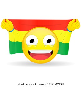 Emoji fan holds in hands flag behind his head. Bolivian flag. Fan cares for his country. Glory spectator bawl emotion. Exult emoticon. Buff of sports games smile vector illustration.