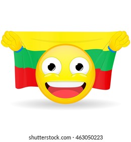 Emoji fan holds in hands flag behind his head. Lithuanian flag. Fan cares for his country. Glory spectator bawl emotion. Exult emoticon. Buff of sports games smile vector illustration.