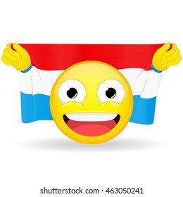 Emoji fan holds in hands flag behind his head. Luxembourg flag. Fan cares for his country. Glory spectator bawl emotion. Exult emoticon. Buff of sports games smile vector illustration.