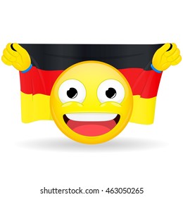 Emoji fan holds in hands flag behind his head. German flag. Fan cares for his country. Glory spectator bawl emotion. Exult emoticon. Buff of sports games smile vector illustration.