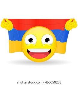 Emoji fan holds in hands flag behind his head. Armenian flag. Fan cares for his country. Glory spectator bawl emotion. Exult emoticon. Buff of sports games smile vector illustration.