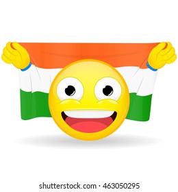 Emoji fan holds in hands flag behind his head. Indian flag. Fan cares for his country. Glory spectator bawl emotion. Exult emoticon. Buff of sports games smile vector illustration.