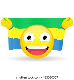 Emoji fan holds in hands flag behind his head. Gabonese flag. Fan cares for his country. Glory spectator bawl emotion. Exult emoticon. Buff of sports games smile vector illustration.