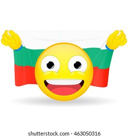 Emoji fan holds in hands flag behind his head. Bulgarian flag. Fan cares for his country. Glory spectator bawl emotion. Exult emoticon. Buff of sports games smile vector illustration.