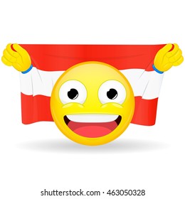 Emoji fan holds in hands flag behind his head. Austrian flag. Fan cares for his country. Glory spectator bawl emotion. Exult emoticon. Buff of sports games smile vector illustration.