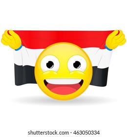 Emoji fan holds in hands flag behind his head. Egyptian, Iraqi, Yemenite flag. Fan cares for his country. Glory spectator bawl emotion. Exult emoticon. Buff of sports games smile vector illustration.