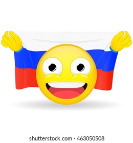 Emoji fan holds in hands flag behind his head. Russian flag. Fan cares for his country. Glory spectator bawl emotion. Exult emoticon. Buff of sports games smile vector illustration.