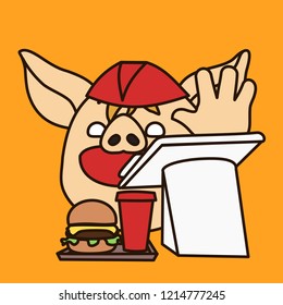 emoji of fastfood cashier pig that is yelling "next please" to next customer in queue line in restaurant,fast food worker in professional outfit with cap & lifted hand behind cashbox with tray of meal