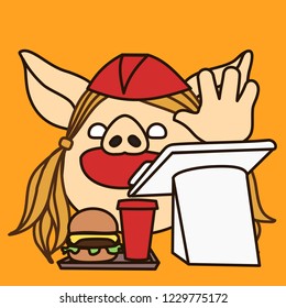 emoji with fastfood cashier pig woman yelling next please to next customer in queue line in restaurant, fast food worker in outfit with cap & lifted hand behind cashbox with tray of meal