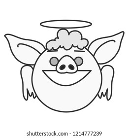 emoji with fat or obese holy smiling angel pig or curly cupid with halo above its head & wings on its back & a wide smile, simple hand drawn emoticon, simplistic colorful picture