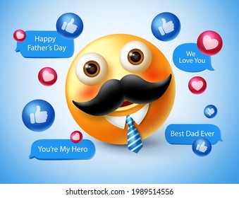 Emoji father's day greeting vector design. Father's day messages text with 3d emoticon character and blue speech bubble for male parents celebration greetings. Vector illustration
