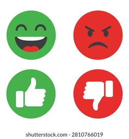 Emoji feedback icon collection featuring happy, angry, thumbs up, and thumbs down symbols for customer reviews, ratings, user reactions, surveys, and interface design resources.
