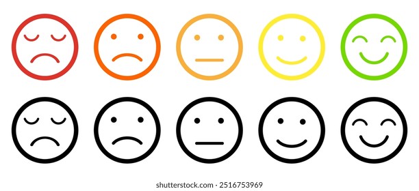 Ícone de feedback de Emoji definir classificação feliz neutro triste emoji emojis ícones satisfação do cliente smiley bom mau reação ás médio colorido serviço símbolo sinal