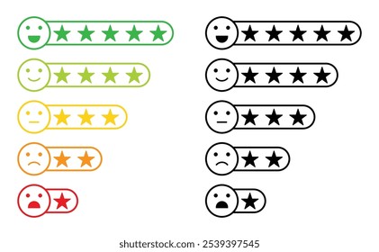Emoji feedback icon with stars rating. Customers review vector collection. Feedback star rating emoji icon set. Emoji with star rating. Vector illustration.