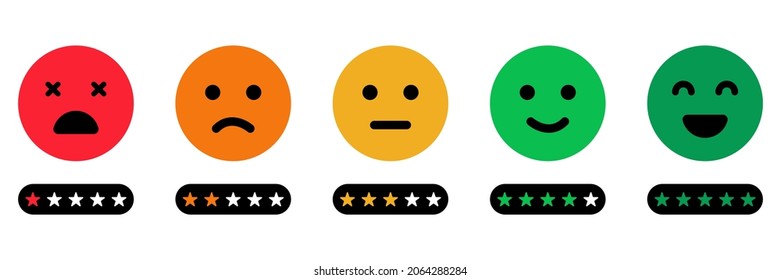 Escala de comentarios Emoji con icono de estrellas. Encuesta de nivel de satisfacción del cliente. Los clientes van de la buena cara feliz a un concepto enojado y triste. Emoticon Feedback. Ilustración de vectores aislados.