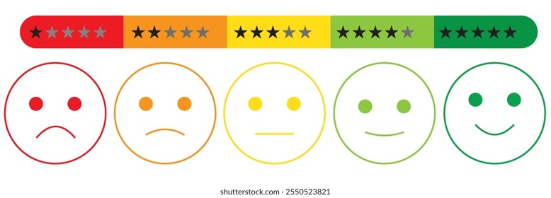 Emoji Feedback Scale with Stars Icon. Level Survey of Customer Satisfaction. Customers Mood from Happy Good Face to Angry and Sad Concept. Emoticon Feedback. Isolated Vector Illustration. 333