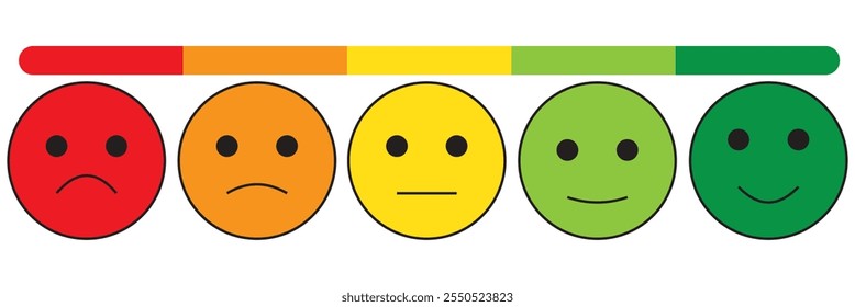 Ícone de Emoji Feedback Scale with Stars. Pesquisa de nível de satisfação do cliente. Clientes Humor de Happy Good Face a Angry and Sad Concept. Comentários sobre Emoticon. Ilustração de vetor isolada. 333