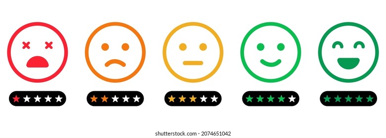 Emoji Feedback Scale with Stars Line Icon. Customers Mood from Happy Good Face to Angry and Sad Concept. Emoticon Feedback. Level Survey of Customer Satisfaction. Isolated Vector Illustration.