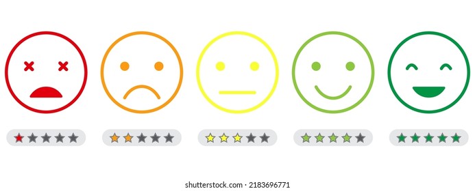 Emoji Feedback Scale with Stars Line Icon. Customers Mood from Happy Good Face to Angry and Sad Concept. Emoticon Feedback. Level Survey of Customer Satisfaction. Isolated Vector Illustration