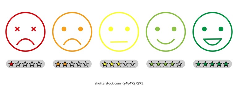 Emoji Feedback Scale with Stars Line Icon. Customers Mood from Happy Good Face to Angry and Sad Concept. Emoticon Feedback. Level Survey of Customer Satisfaction. Isolated Vector Illustration Pro Vect