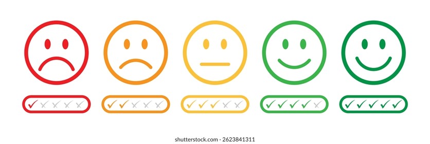 Emoji feedback scale using checkmarks for rating, from sad to happy faces. Ideal for professional surveys, assessments, evaluations, and UX design templates. Rating emoji, feedback emoji, icons.