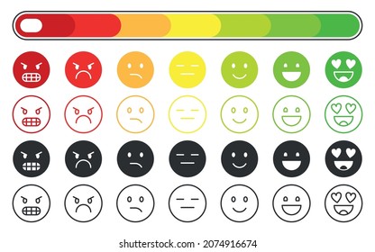 Emoji feedback score rating scale flat line set. Customer satisfaction indicator emoticon ranging from good to bad. Service level work negative neutral positive experience light interface isolated