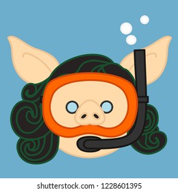 emoji with female pig frogman or pearler swimming under water with bubbles, woman pearl diver or fisher wearing an underwater mask or glasses and an air snorkel tube, simple hand drawn emoticon