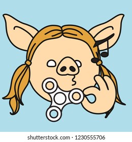 emoji with female pig girl that is holding a fidget spinner with 3 sides in her hand and wistling, woman playing spinning antistress or anti stress toy, simplistic colorful picture