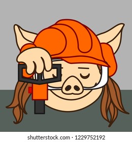 emoji with female pig worker with jackhammer that is demolishing concrete or asphalt, woman wearing protective casque, safety glasses & headphones, simple hand drawn emoticon, eps 10 vector clip art