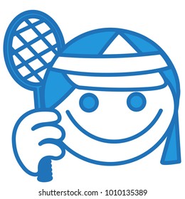 emoji with Female tennis player holding a tenis racquet or racket in her hand and wearing a cap, woman prepared to strike back, ball or circle shaped face, simplistic facial expression, eps 10