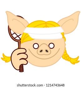 emoji with female tennis player pig that is holding a tenis racquet or racket in her hand and wearing a cap, woman prepared to strike back, simplistic colorful picture, simple handdrawn illustration