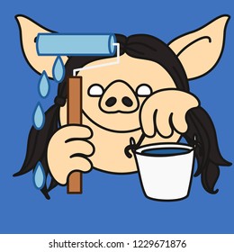 emoji with female wall painter pig that is painting the wallpaper & holding her roller brush & a bucket filled with paint, happy woman at work with paintbrush & bucketful, simple hand drawn emoticon