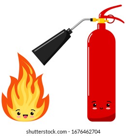 Emoji fire flame and red fire extinguisher icon set isolated on a white background. Hot cartoon flame energy emoticon sign, flaming symbols. Flat design vector kawaii character illustration.