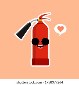 Emoji fire flame and red fire extinguisher icon set isolated on a color background. Hot cartoon flame energy emoticon sign, flaming symbols. Flat design vector kawaii character illustration.