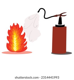 Emoji fire flame and red fire extinguisher icon set isolated on a white background. Hot cartoon flame energy emoticon sign, flaming symbols. Flat design vector kawaii character illustration.