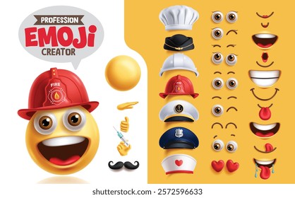 Emoji fireman creation kit clipart set. Profession emoji character with happy smiling face, eyes, mouth and profession hat collection for facial expression mock up. Vector illustration fireman 