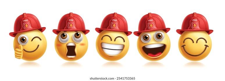 Conjunto de Vectores de personajes de emoticonos de bombero de emoji. Emojis 3d bombero personaje profesión en lindo, feliz, aprobado, conmocionado, amigable, sonriente y emocionado expresión facial emoticonos Elementos faciales 