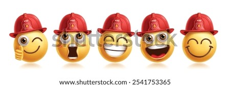 Emoji fireman emoticon characters vector set. Emojis 3d firefighter character profession in cute, happy, approved, shocked, friendly, smiling and excited facial expression emoticons face elements 