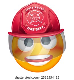 Bombeiro Emoji sobre fundo branco. Emoticon com capacete de fogo. Emoticon bonito.