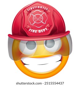 Bombeiro Emoji sobre fundo branco. Emoticon com capacete de fogo. Emoticon bonito.