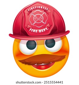 Bombeiro Emoji sobre fundo branco. Emoticon com capacete de fogo. Emoticon bonito.