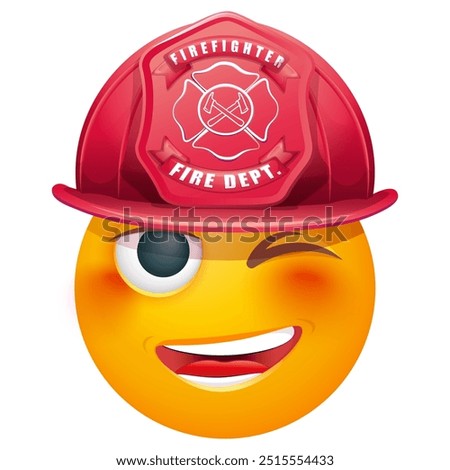 Emoji fireman on white background. Emoticon with fire helmet. Cute emoticon.