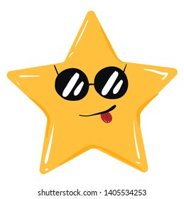Emoji of a five-pointed orange star with white exclamation marks in its body wears sunglasses and has a closed smile while tongue stuck out, vector, color drawing or illustration. 