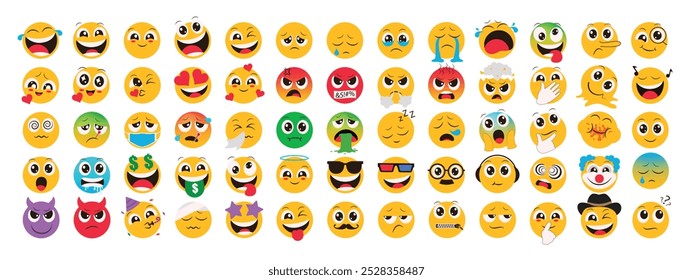 Conjunto de vetores de caracteres planos Emoji. Emojis coleção de ícones em triste, chorando, estranho, no amor, doente e engraçado expressões faciais emojis elementos em branco fundo isolado. Emoticons de ilustração de vetor 