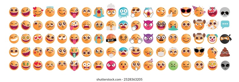 Conjunto de vetores de caracteres planos Emoji. Coleção de ícones de emoticons em elementos de coleção de expressões faciais engraçados, travessos, sonolentos, chorando e tristes isolados em fundo branco. Emojis flat de ilustração vetorial 