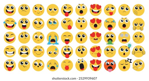 Conjunto de vetores de caracteres planos Emoji. Emoticon feliz, irritado, chorando, no amor e a expressão facial louca redondo coleção de ícones amarelos em fundo branco. Ilustração vetorial para elementos de design gráfico. 
