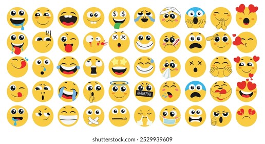 Conjunto de Vector de personajes planos de emoji. Emojis hambriento, feliz, travieso, tonto, enojado, enfermo y divertido emoticono expresión facial colección de íconos amarillos. Ilustración vectorial para Elementos de Diseño gráfico. 
