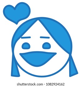 emoji with flirting smiling girl with pigtails that shows she is in love with a heart symbol flying above her head, simple hand drawn emoticon, simplistic facial expression, eps 10 vector illustration